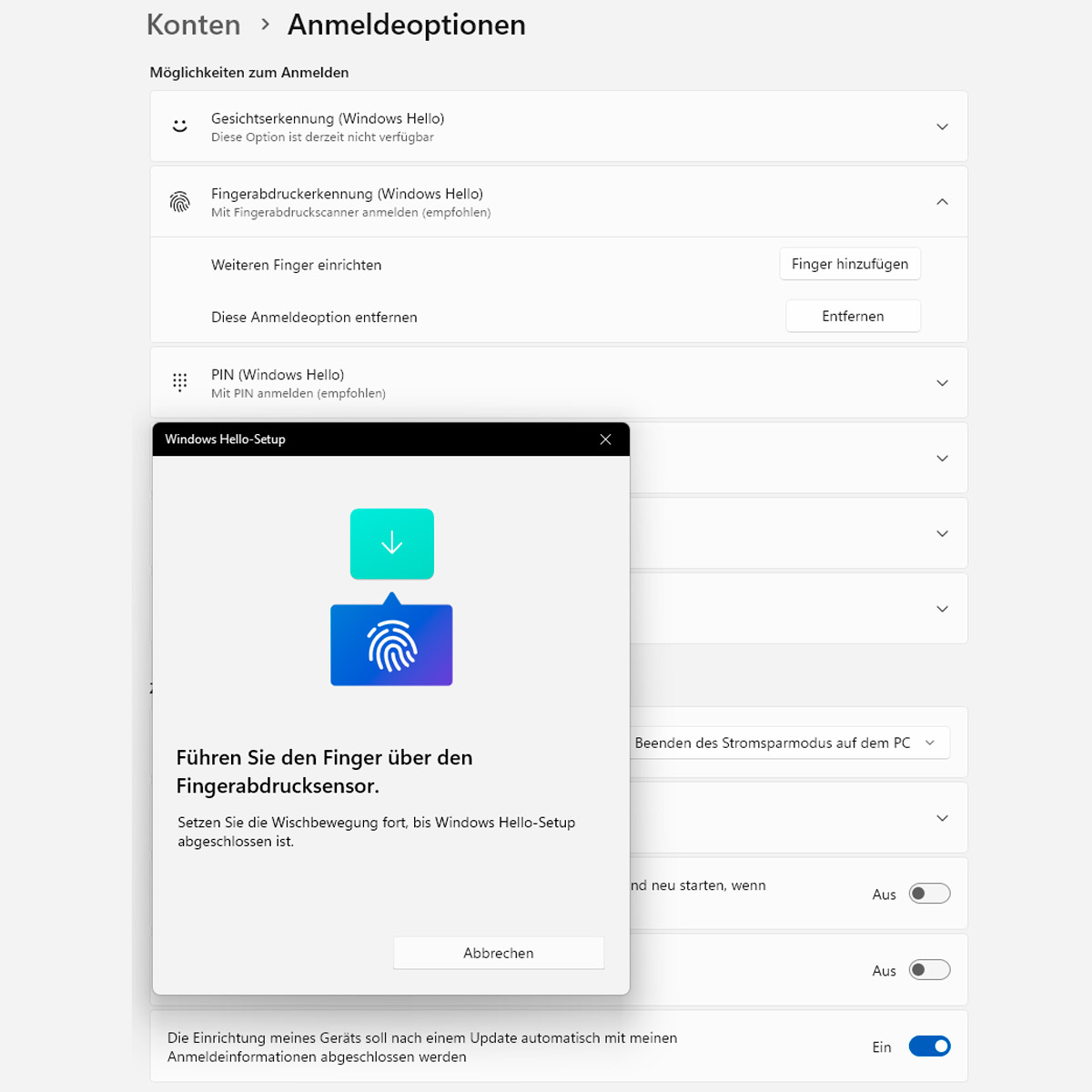 Windows Hello-Setup: Fingerabdrucksensor-Einrichtung mit Wischgeste.