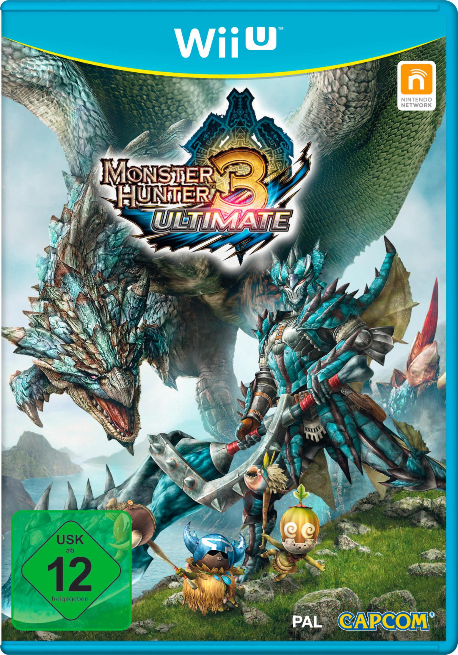Monster Hunter 3 Ultimate Wii U Cover: Krieger in Rüstung und Drache auf Berg.