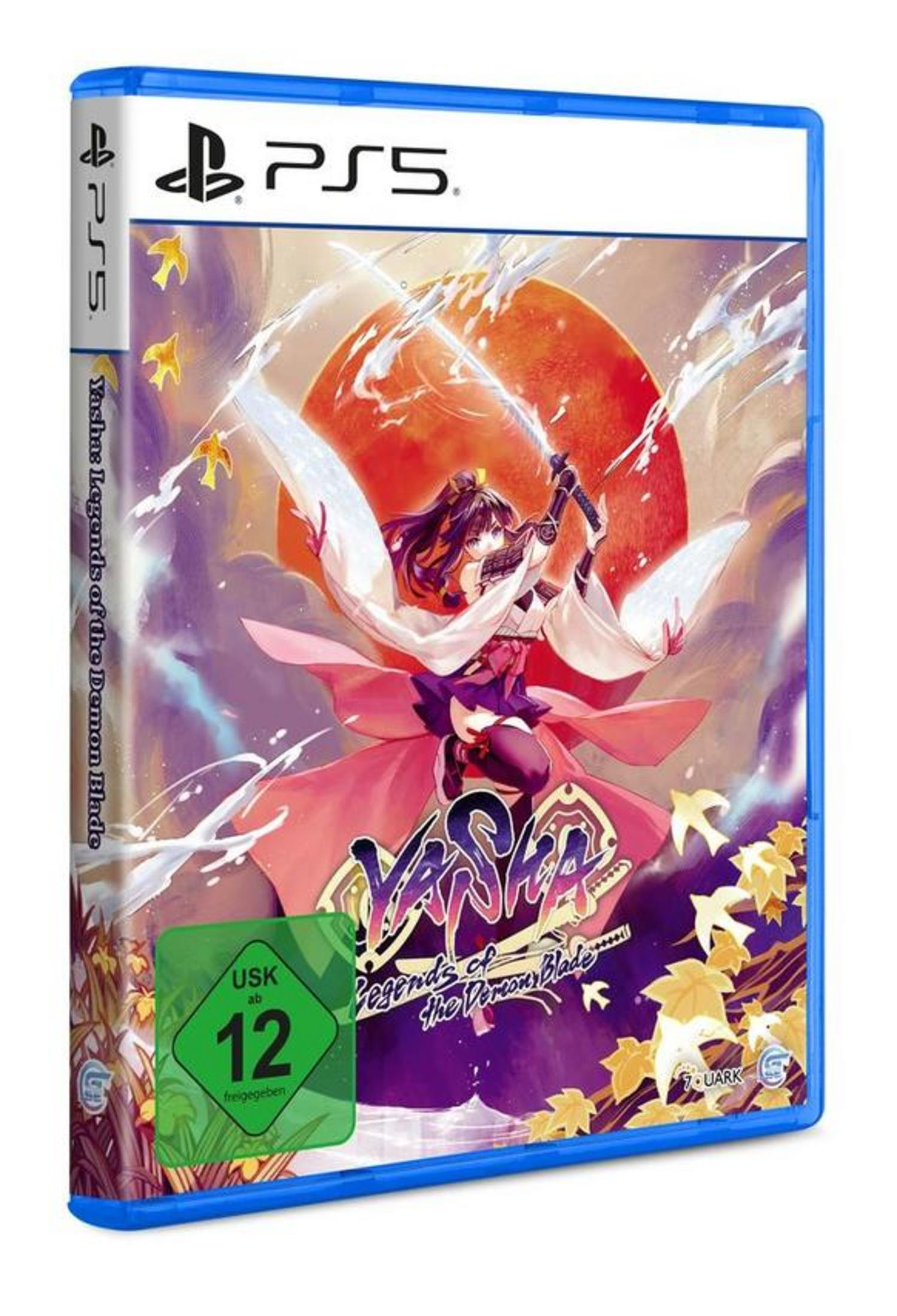 PS5-Spielcover: Anime-Kriegerin mit Schwert vor rotem Mond und Herbstlaub.