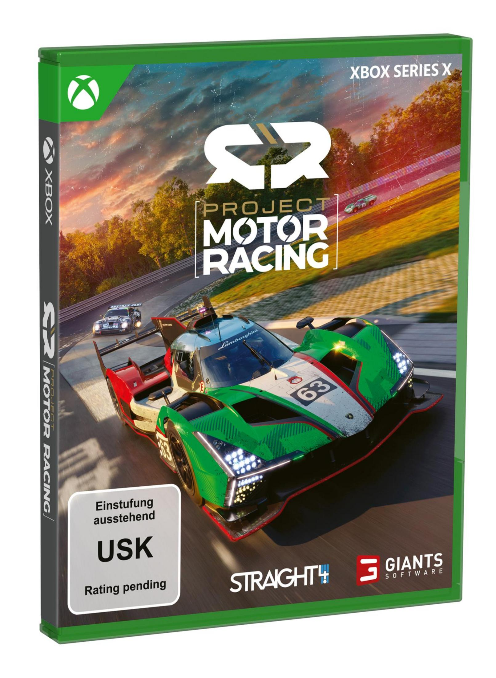 Xbox Series X Hülle: Rennwagen auf Rennstrecke, "Project Motor Racing" Logo.
