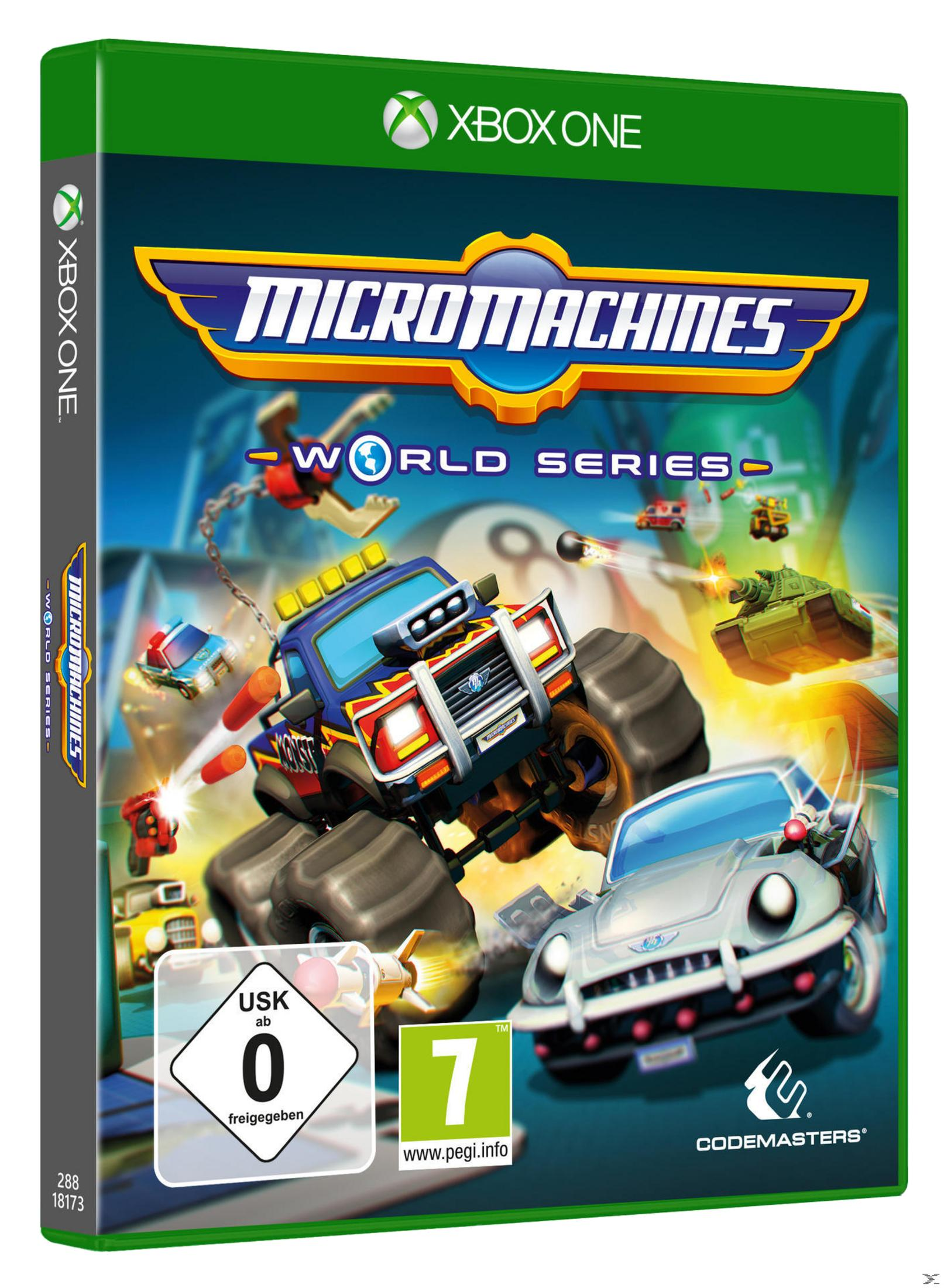 Xbox One Spielcover: Micromachines World Series mit Monster-Truck, Polizei- und Militärfahrzeugen.