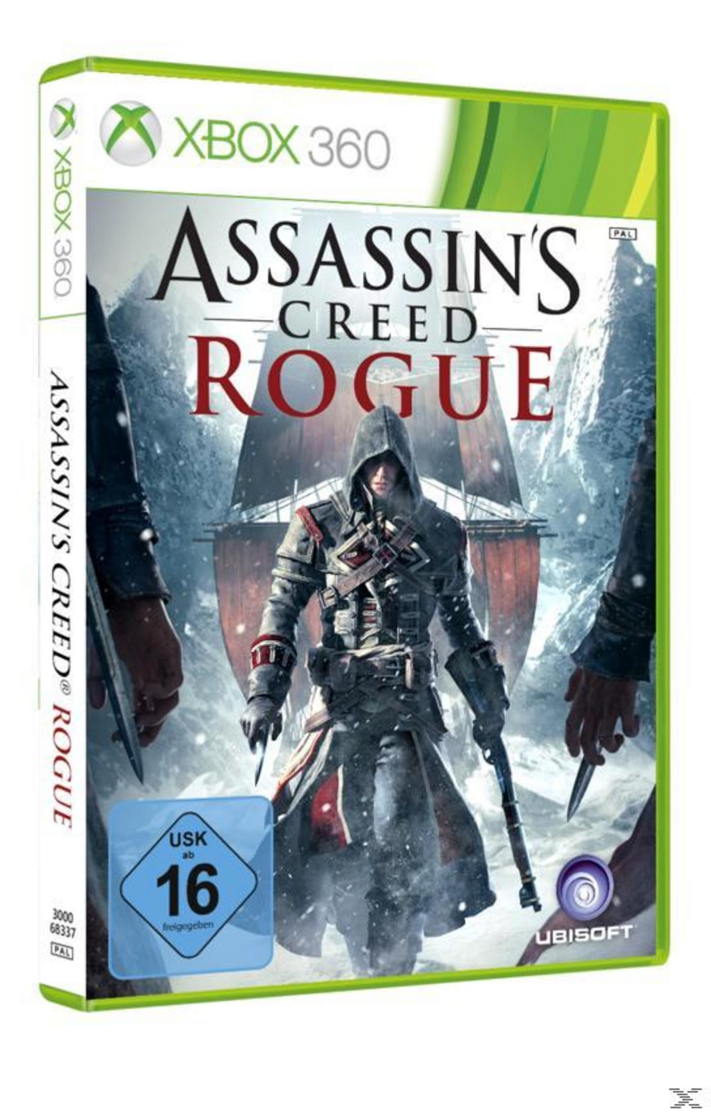 Xbox 360 Spiel "Assassin's Creed Rogue" mit Protagonist in Kapuze vor Schiff.