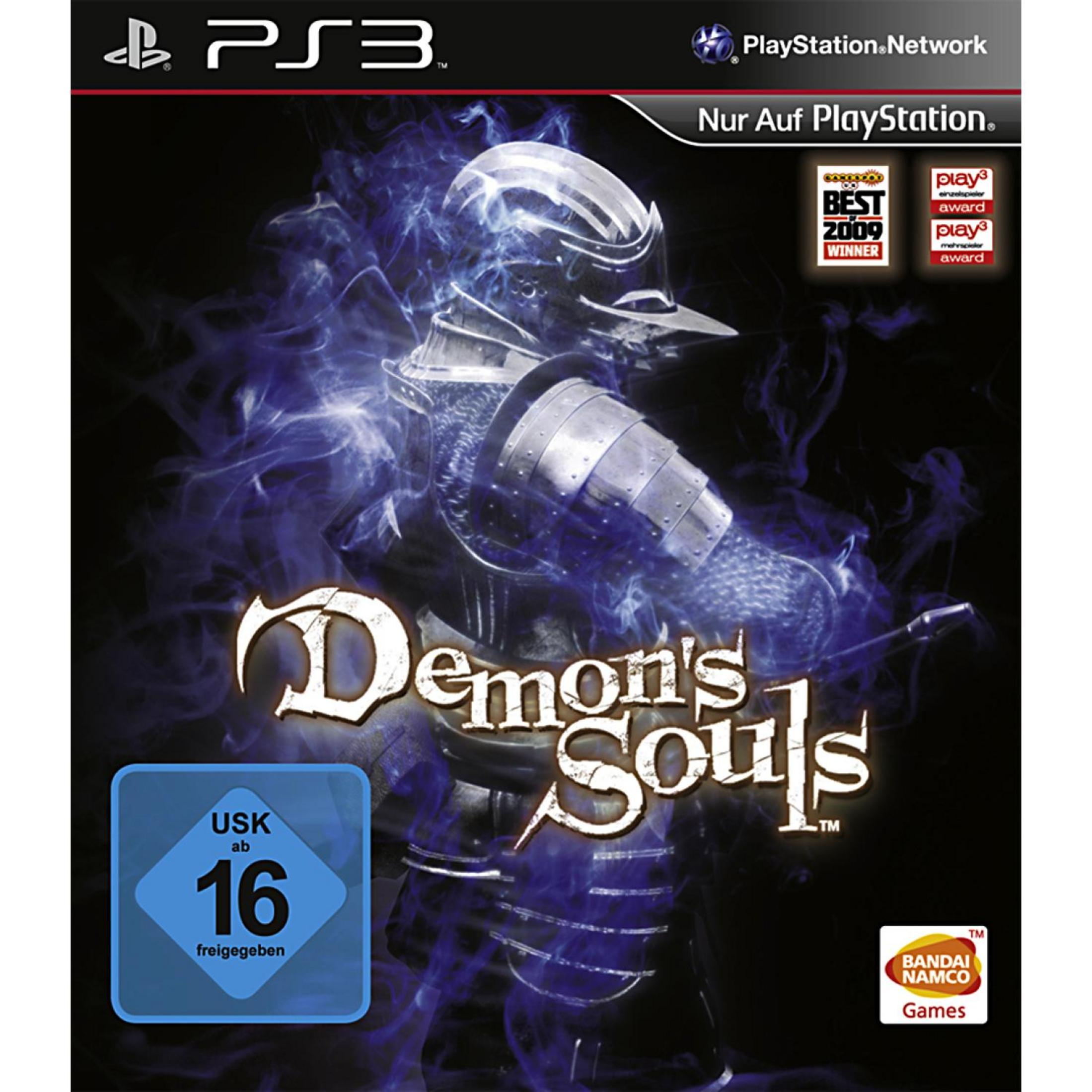 Cover von Demon's Souls mit Ritter und blauen Rauch. USK 16 Siegel.