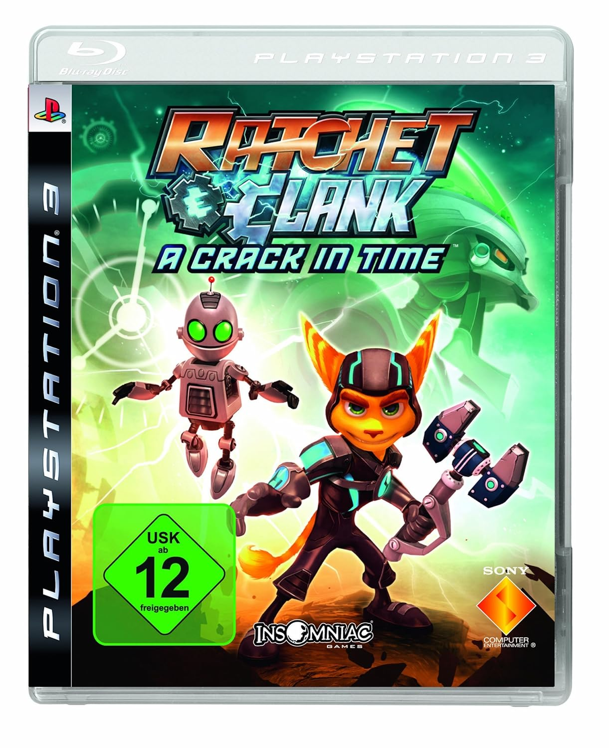 Ratchet & Clank: A Crack in Time PS3-Spielhülle. Ratchet und Clank-Roboter auf grünem Hintergrund.