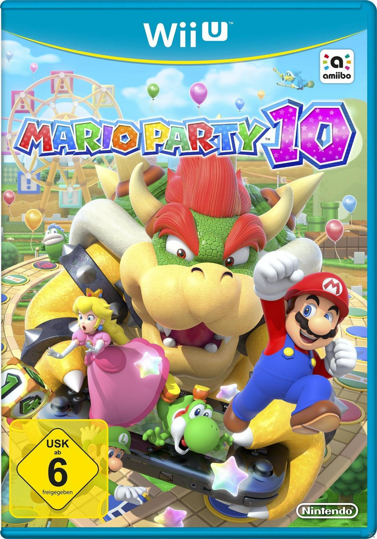 Mario, Bowser, Peach und Yoshi auf einem bunten Spielbrett mit Ballons und einem Riesenrad.