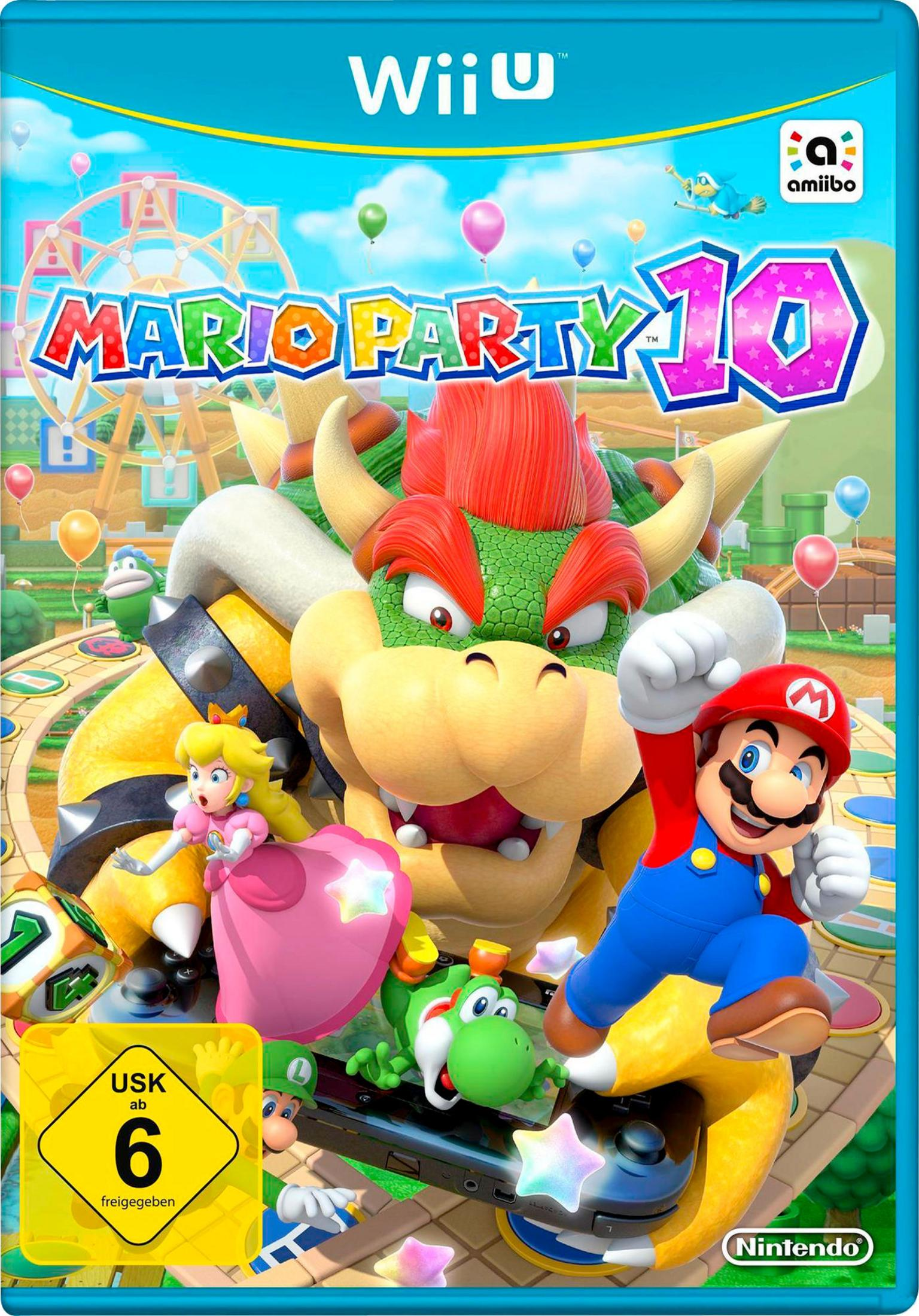 Mario, Peach, Bowser, Yoshi und Toad auf der Mario Party 10 Hülle für Wii U.