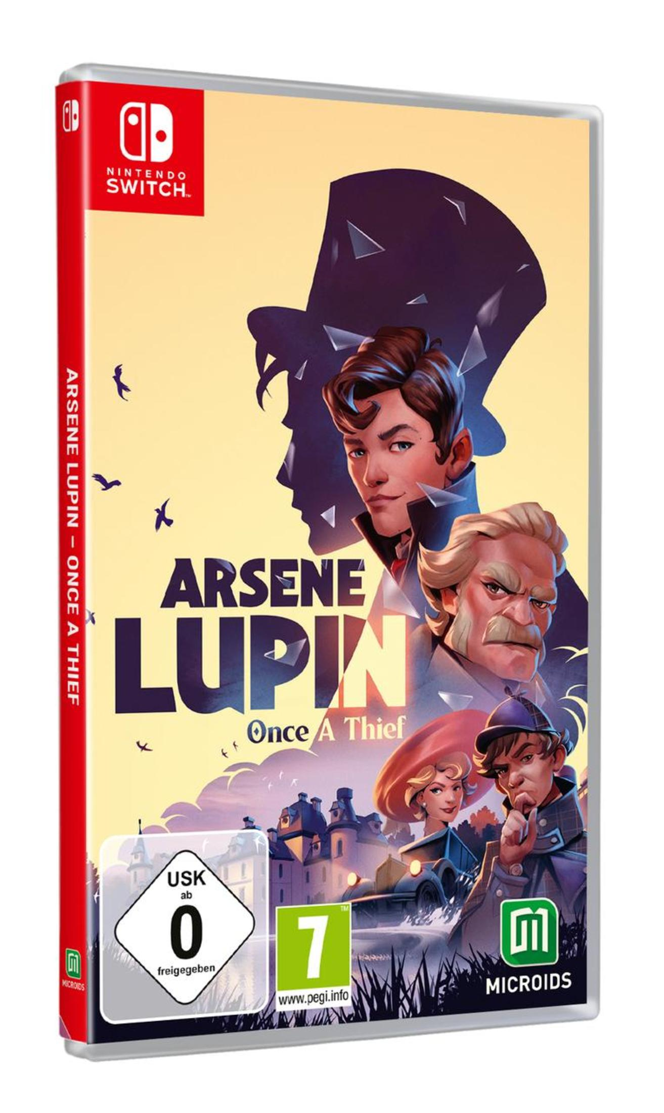Arsene Lupin-Spielcover mit Charakteren, Schloss und Nintendo Switch-Logo.