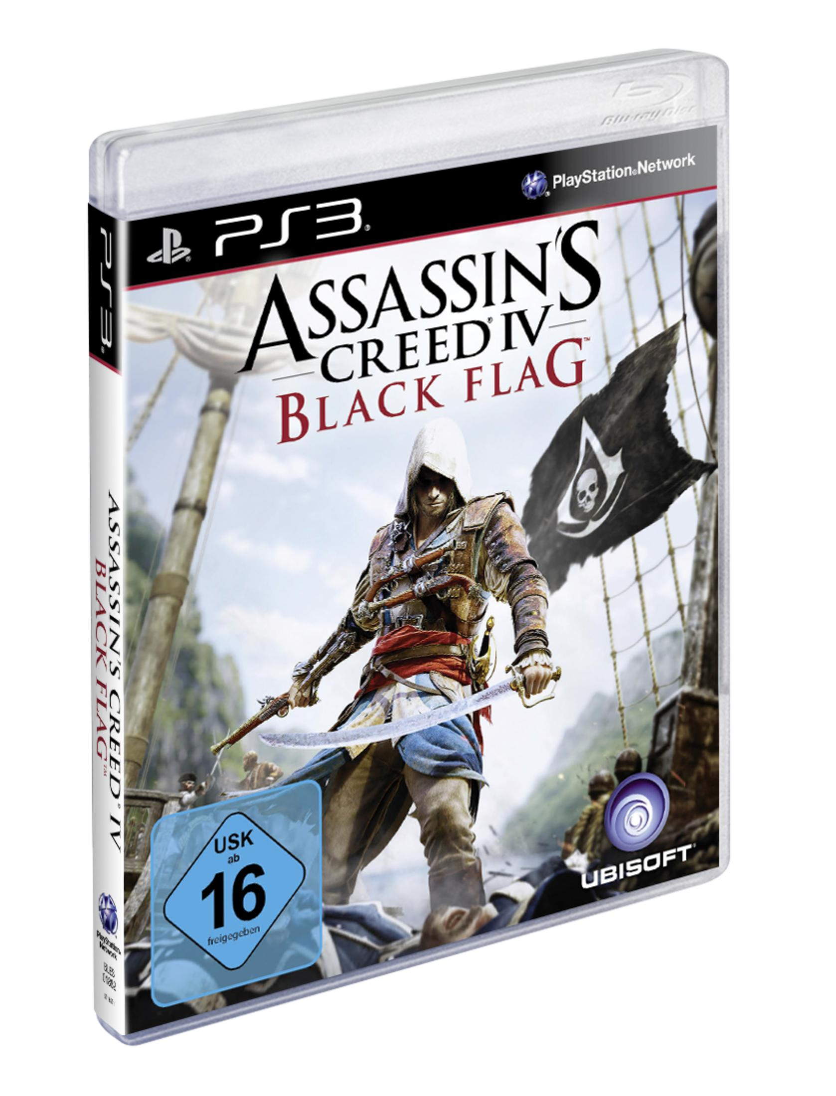 Assassin's Creed IV Black Flag PS3-Spielhülle mit Piraten-Hauptfigur und Jolly Roger.