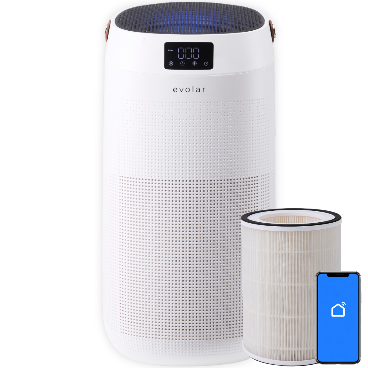 Un purificatore d'aria bianco con filtro di ricambio e smartphone.