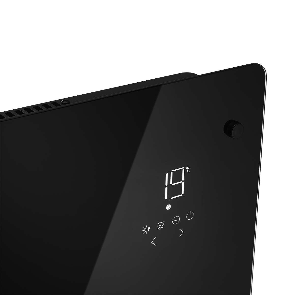 Pannello di controllo nero con display digitale di 19 gradi Celsius e icone.