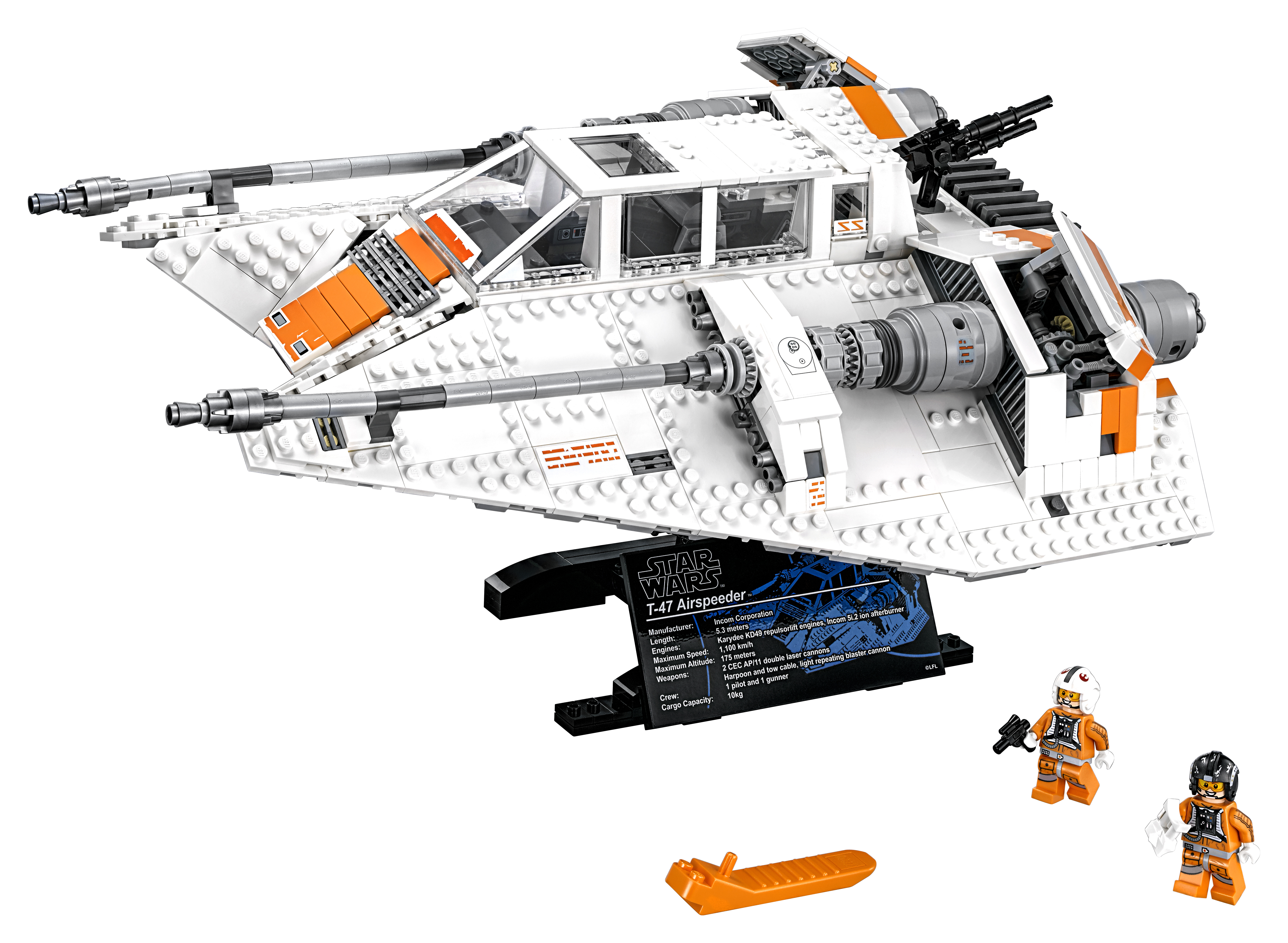 Biały Lego Star Wars T-47 Airspeeder z pomarańczowymi akcentami i figurkami.