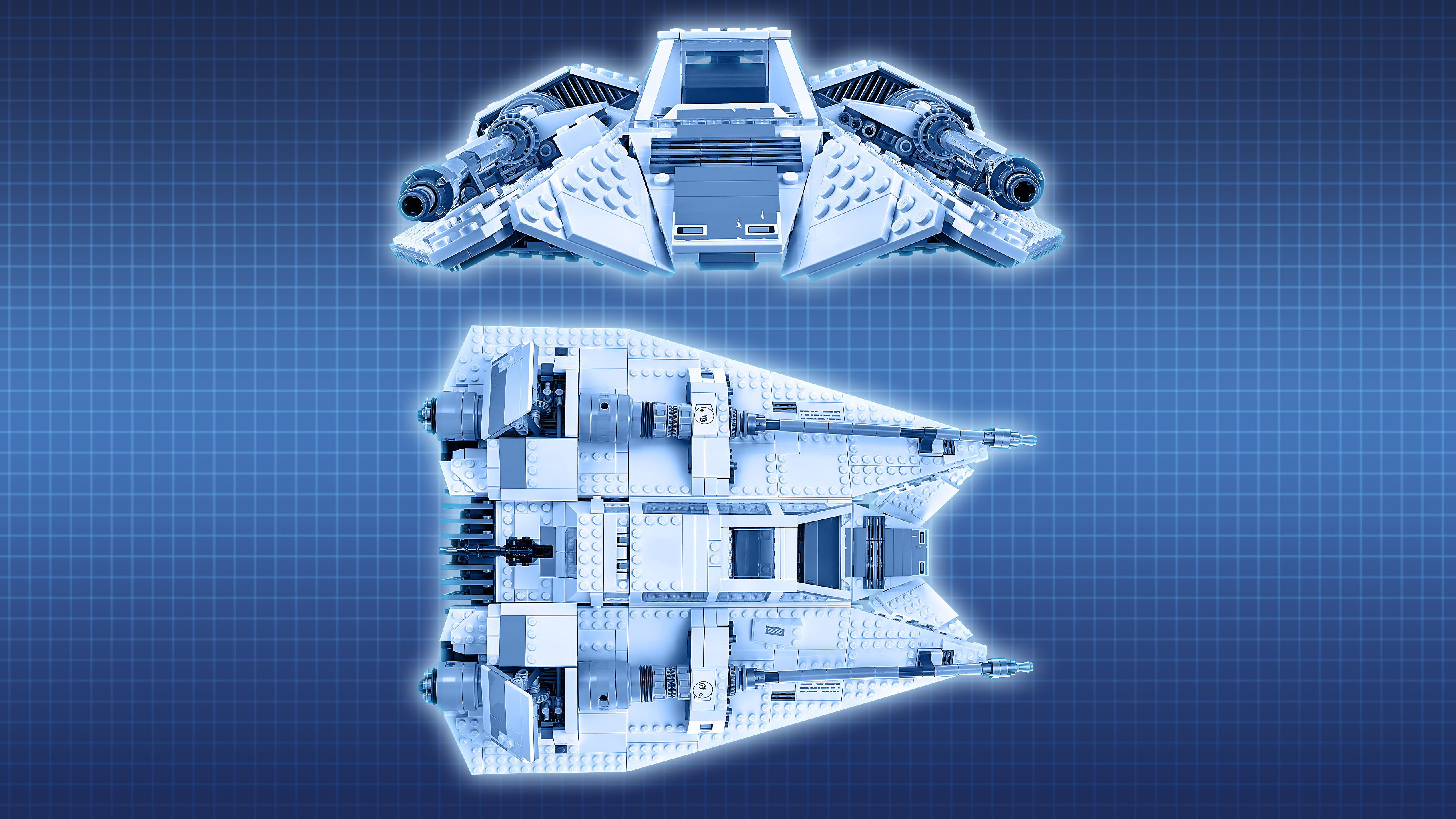 Dwa białe statki kosmiczne Lego na niebieskim tle z siatką.