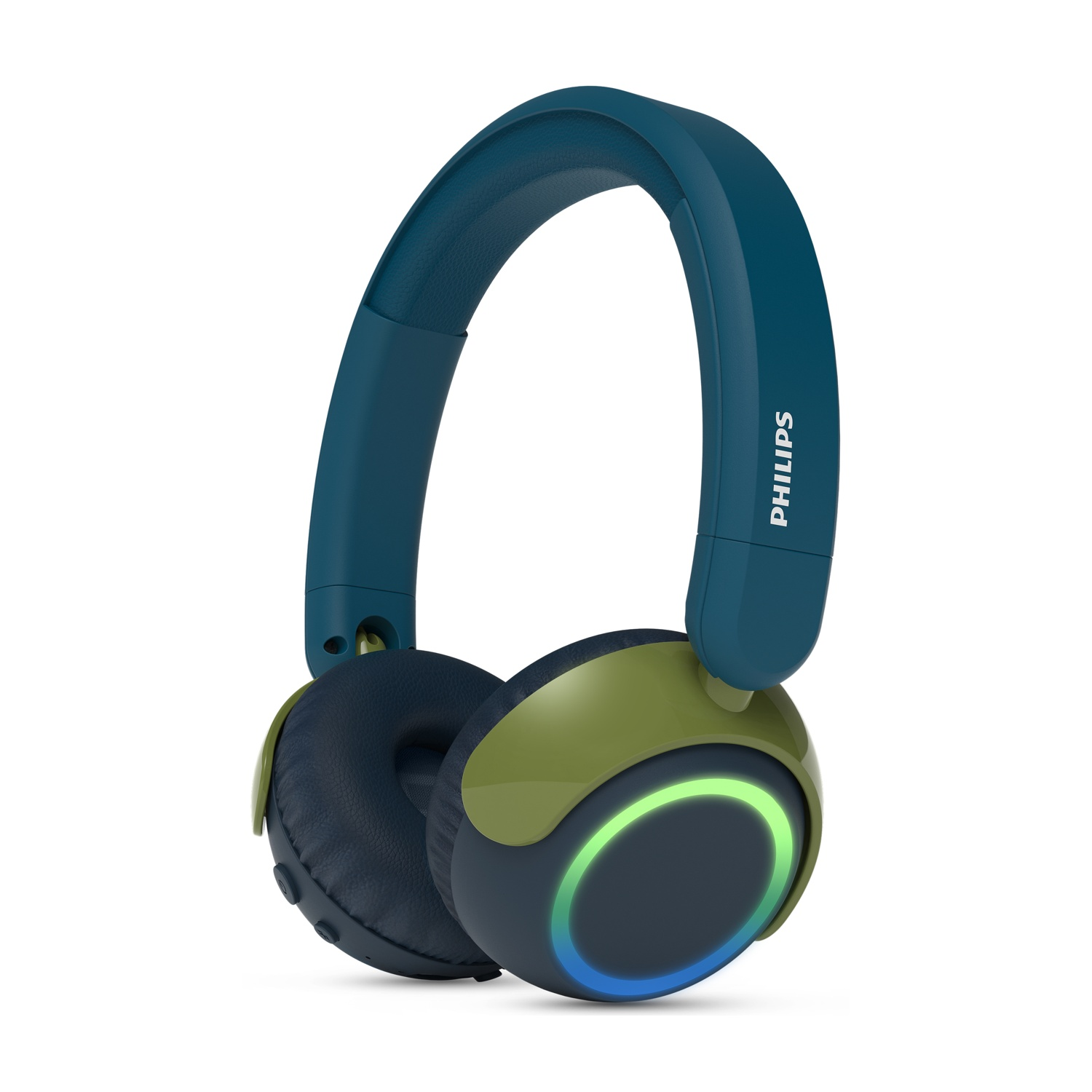 Casque bleu avec accent vert et anneau lumineux sur fond blanc.