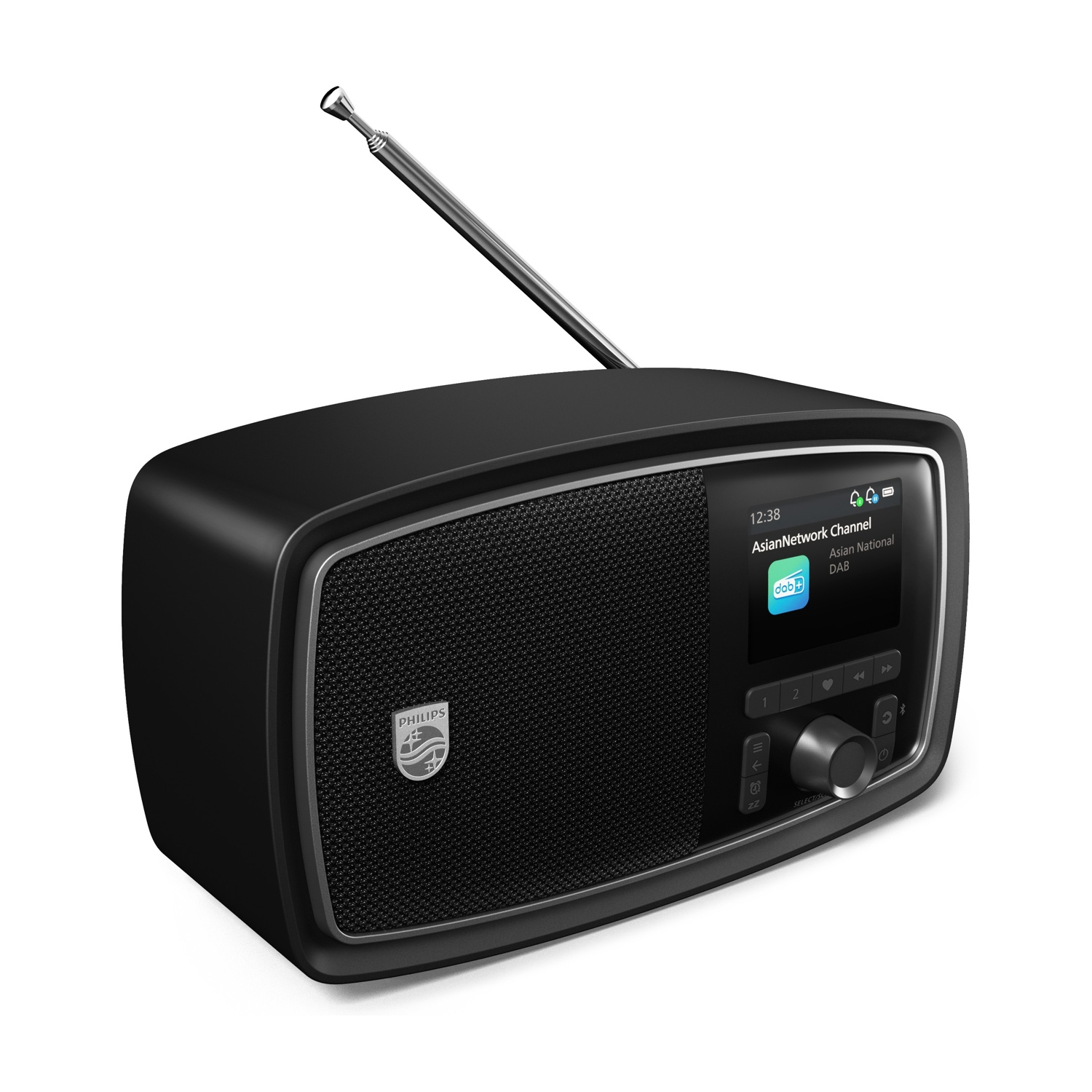 Radio DAB noire avec antenne et logo Philips.