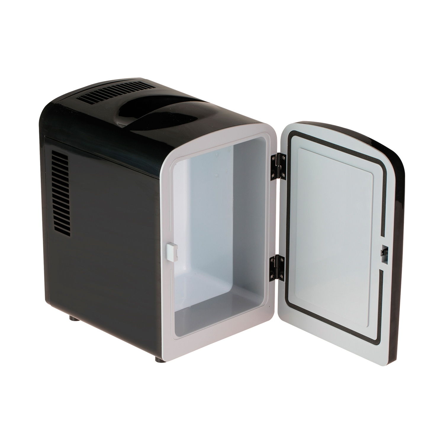 Mini frigo nero con sportello aperto.