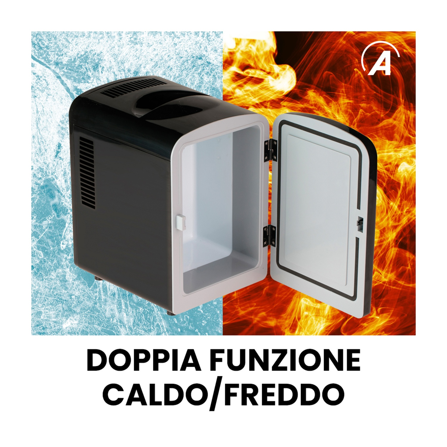 Mini frigo nero con porta aperta, ghiaccio a sinistra, fuoco a destra.