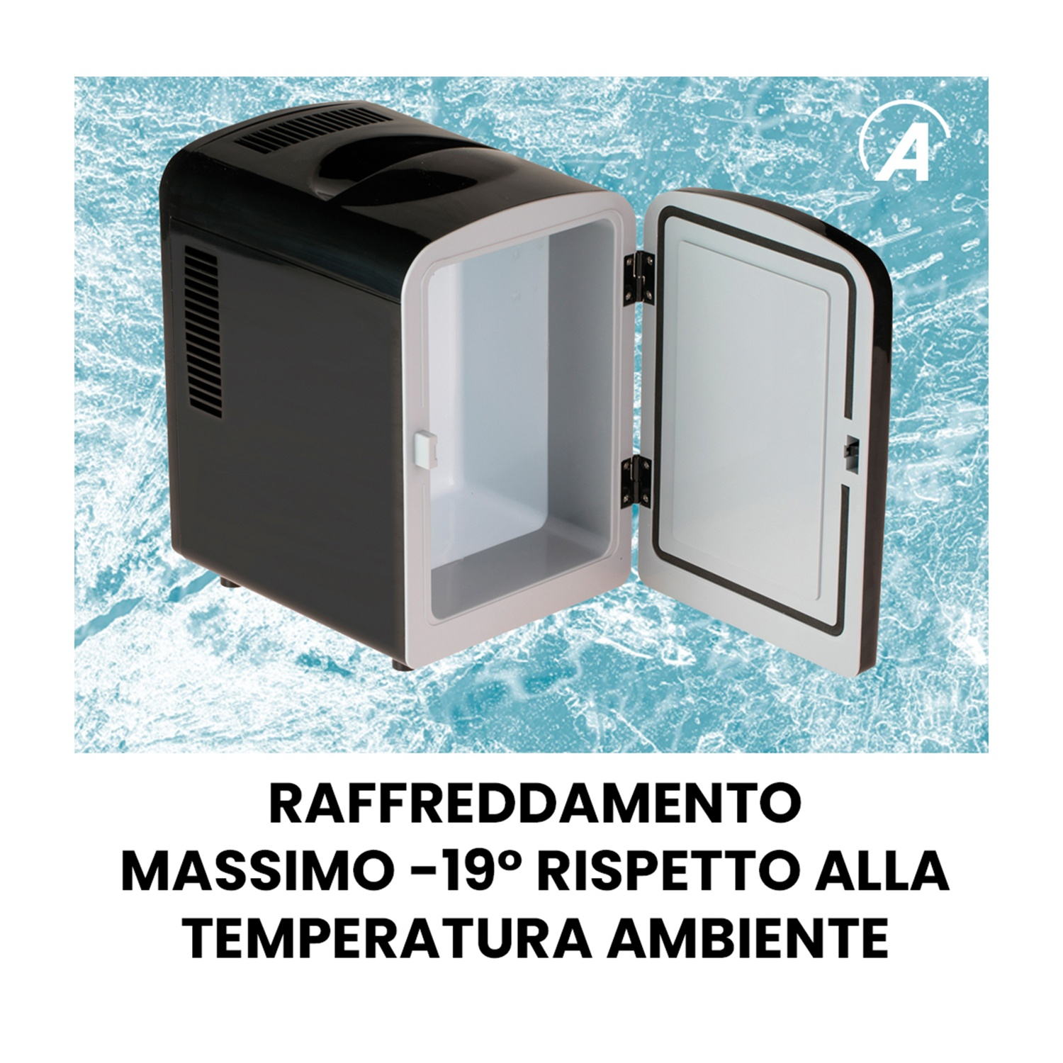 Mini frigorifero nero con porta aperta su sfondo ghiacciato.