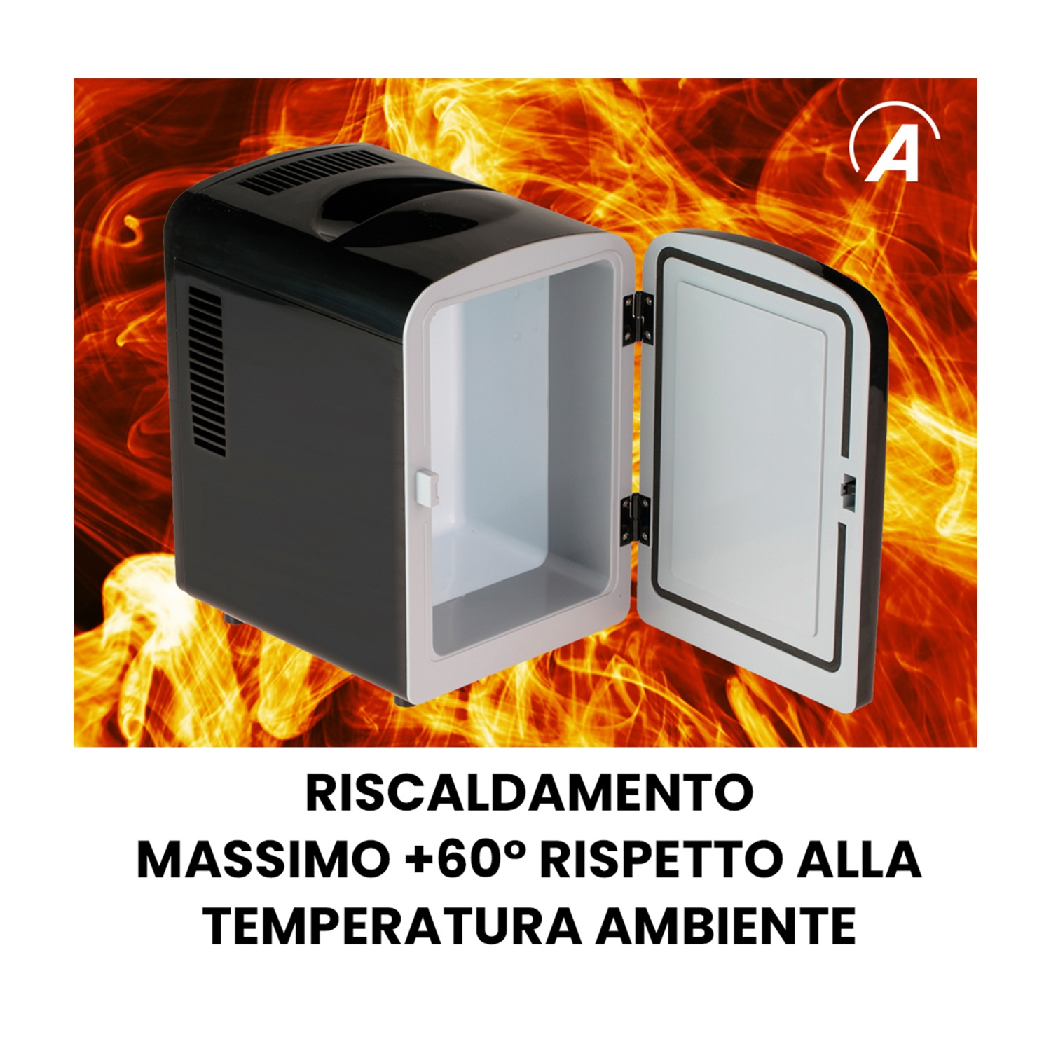 Un mini-frigo nero con porta aperta, su sfondo di fiamme.