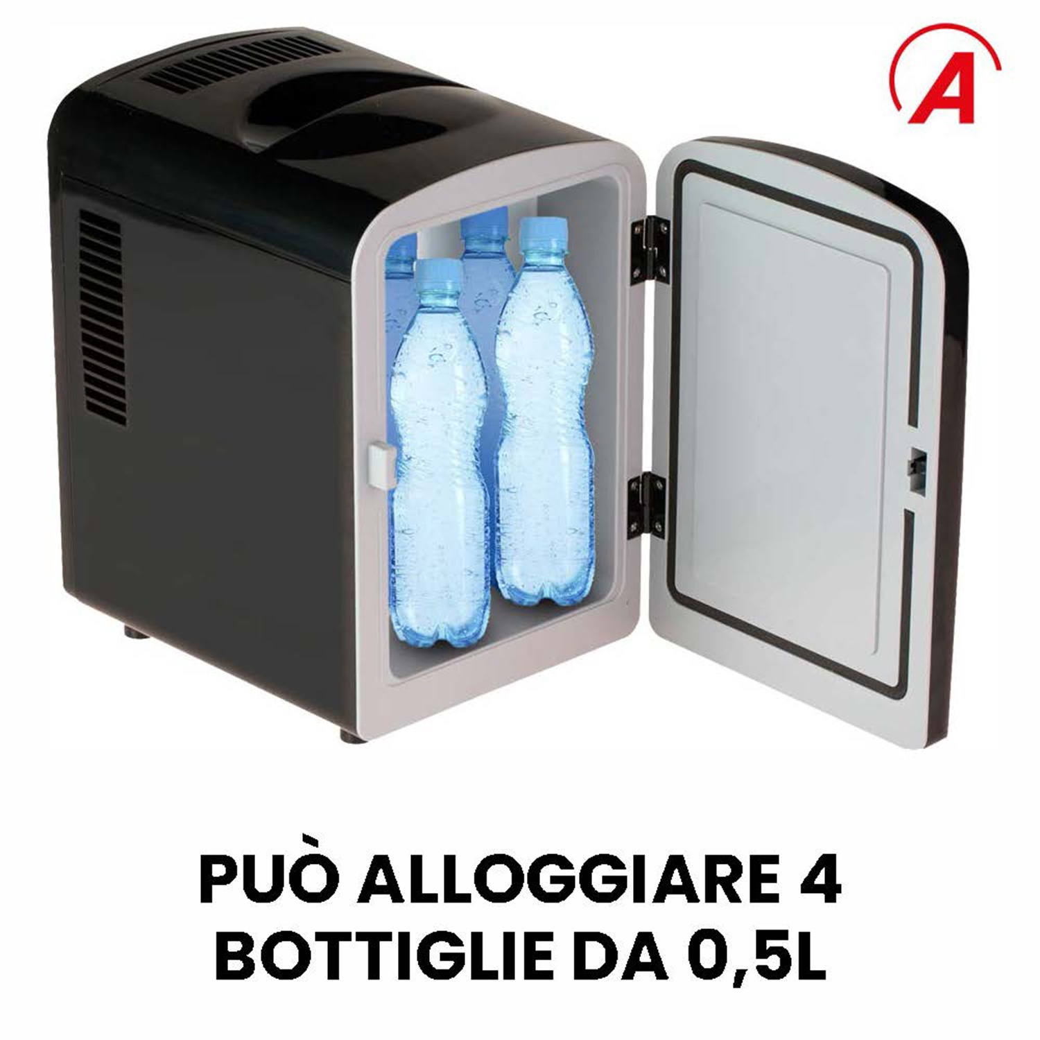 Un piccolo frigorifero nero con porta aperta, contenente tre bottiglie d'acqua.