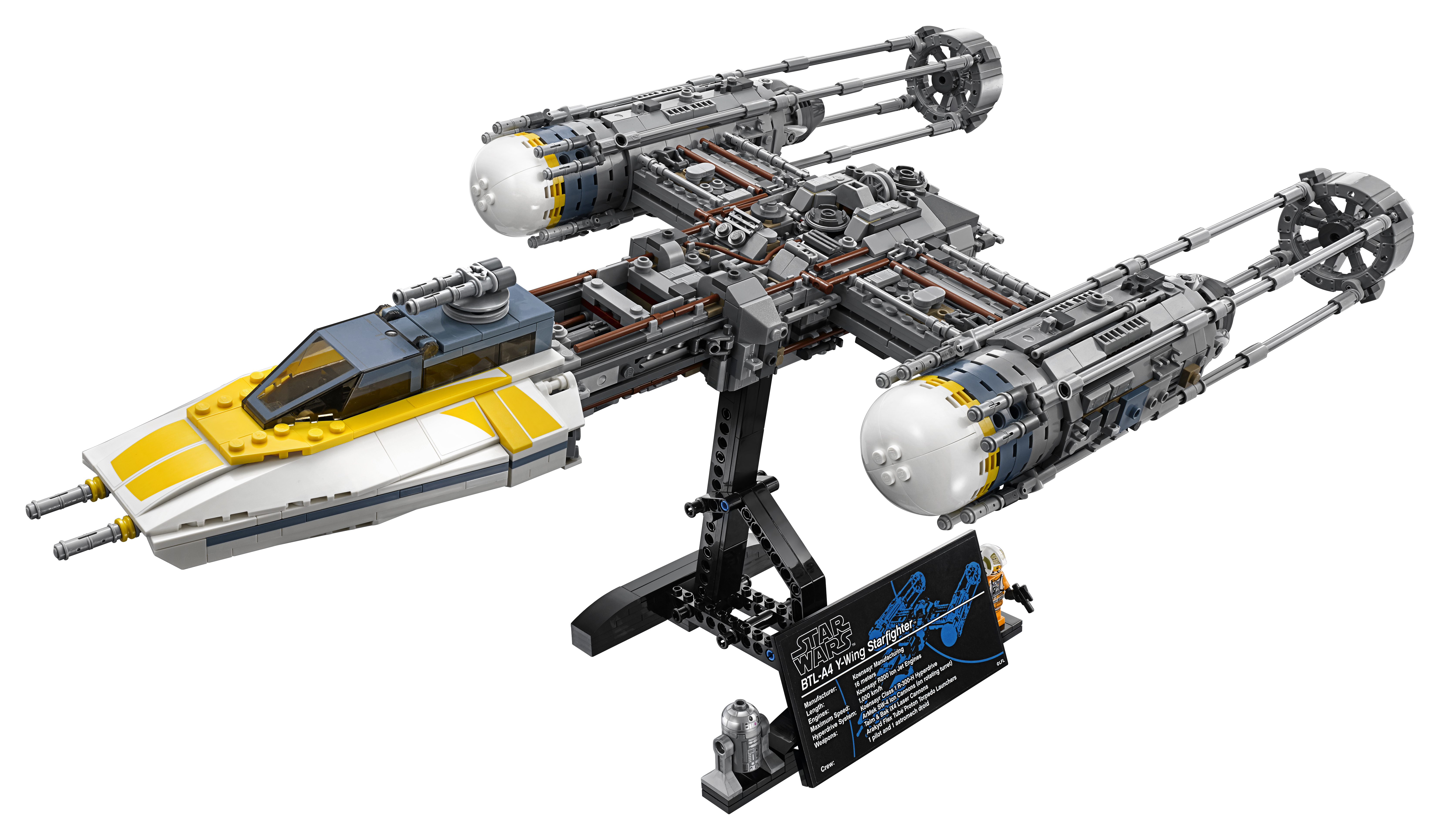 Lego Y-Wing Starfighter z podstawką, pilotem i droidem.
