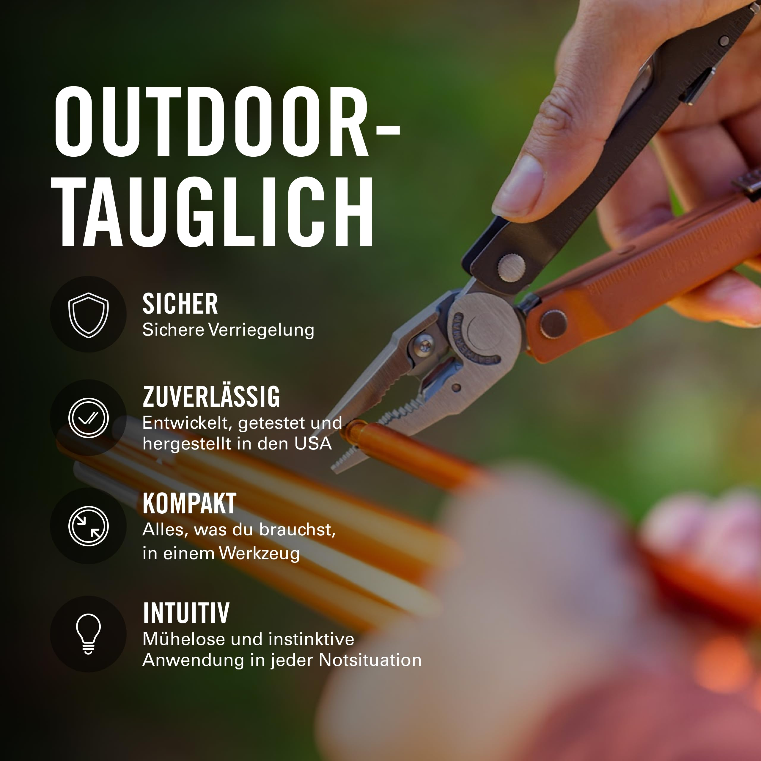 Multitool mit orangefarbenem Griff, gehalten von einer Hand, mit Text.