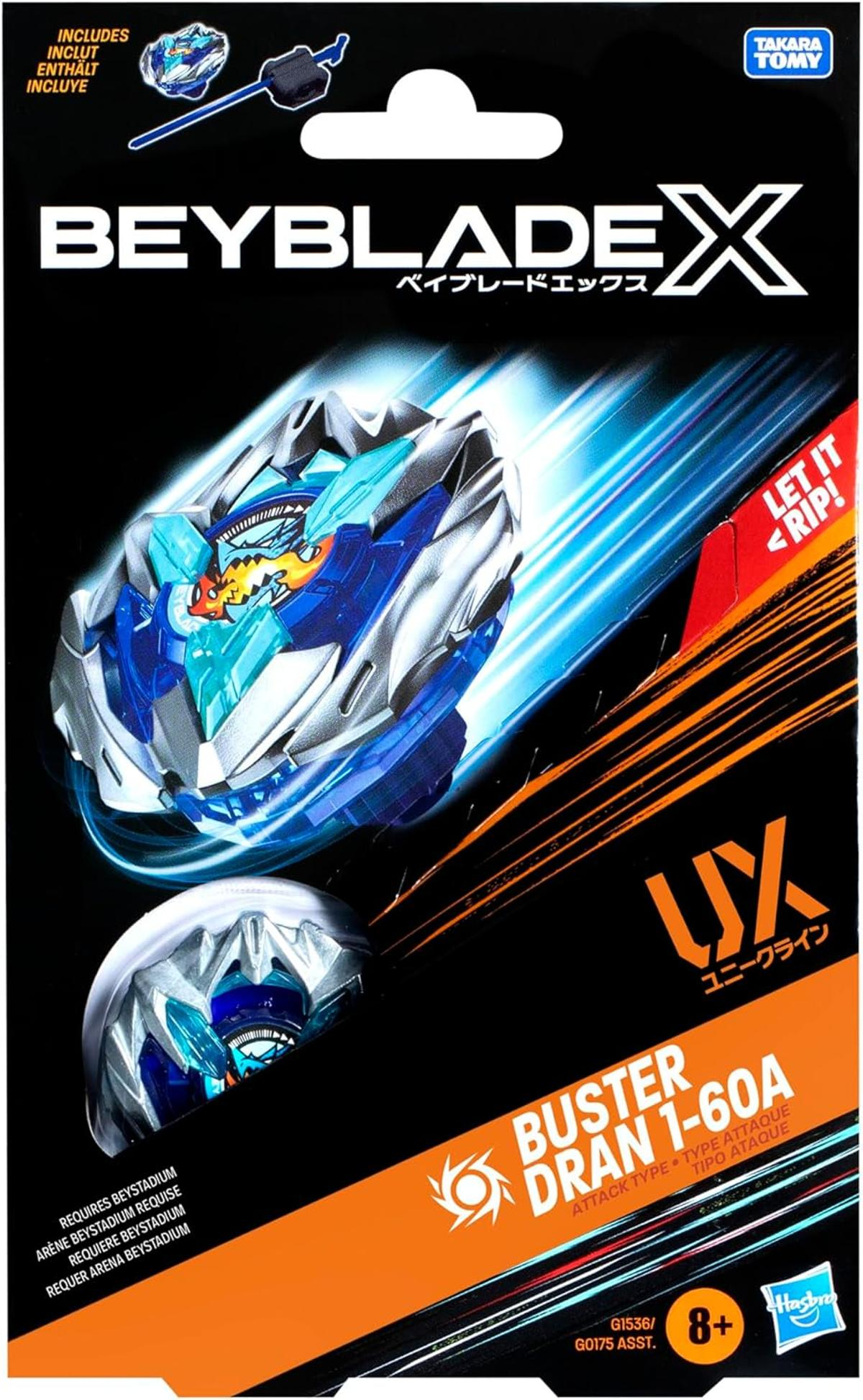 Confezione Beyblade X con trottola blu e argento a tema drago.