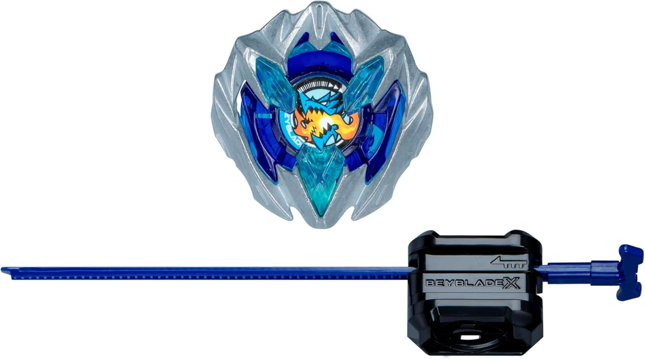 Una trottola Beyblade blu con design di drago e lanciatore a corda blu.