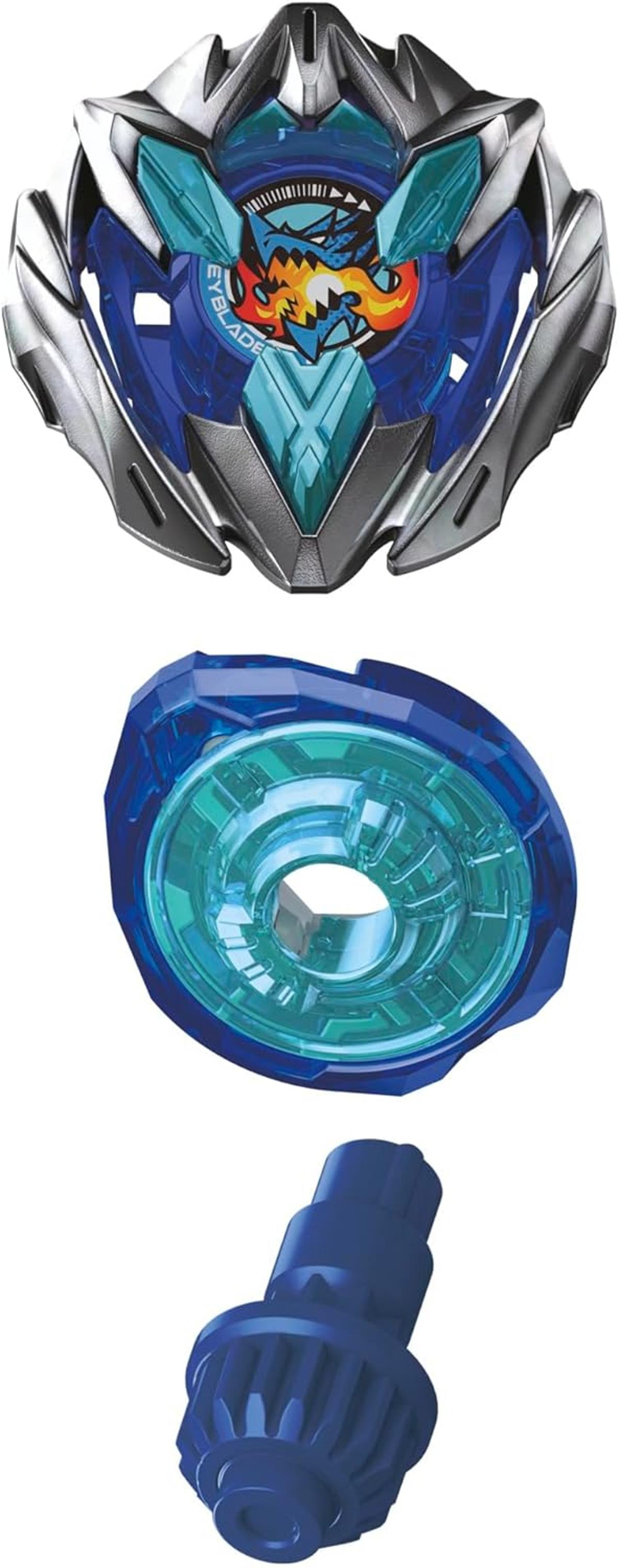 Beyblade blu con grafica di drago, una parte superiore e una punta di trasmissione.
