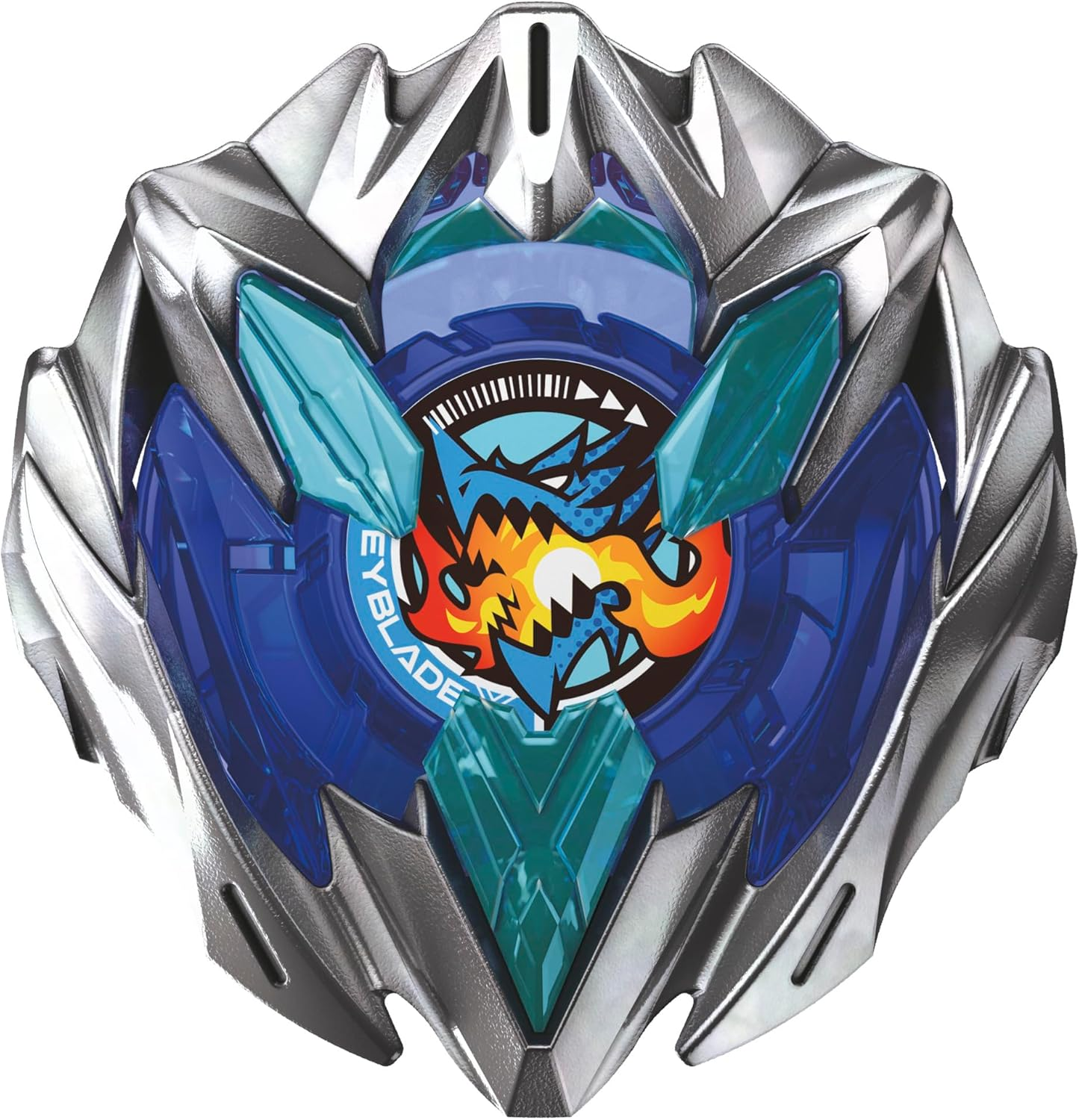 Un trottola Beyblade con bordi argentati, centro blu e design di drago.