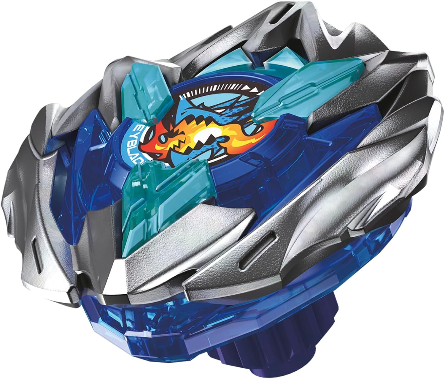 Un Beyblade blu e argento con una grafica di drago.