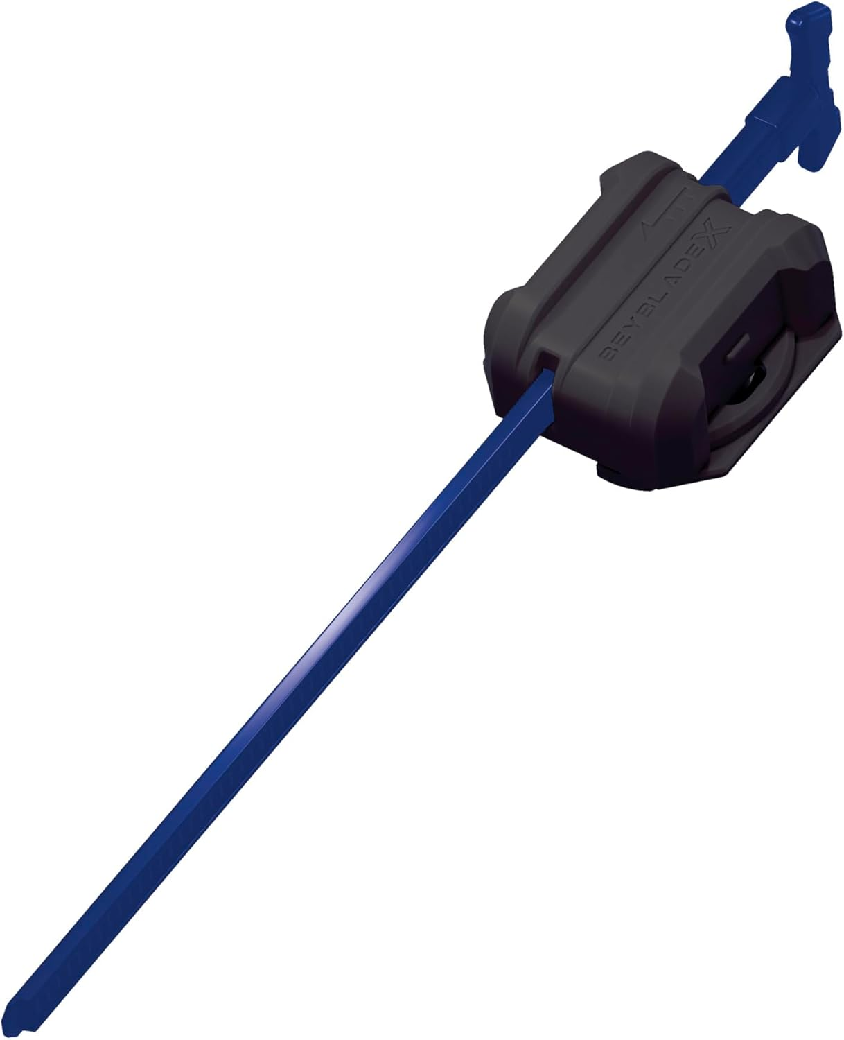 Un lanciatore Beyblade blu e nero con impugnatura su sfondo bianco.
