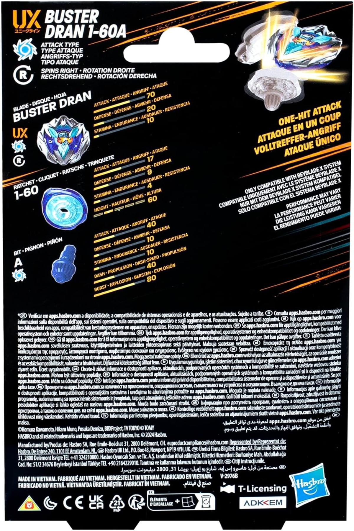 Confezione con giocattolo Beyblade e informazioni testuali in più lingue.