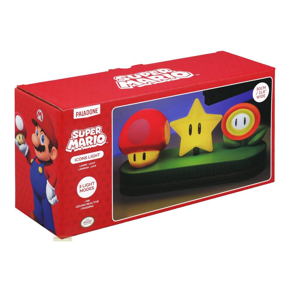Scatola Super Mario con luce icone di Mario, fungo, stella e pianta piranha.