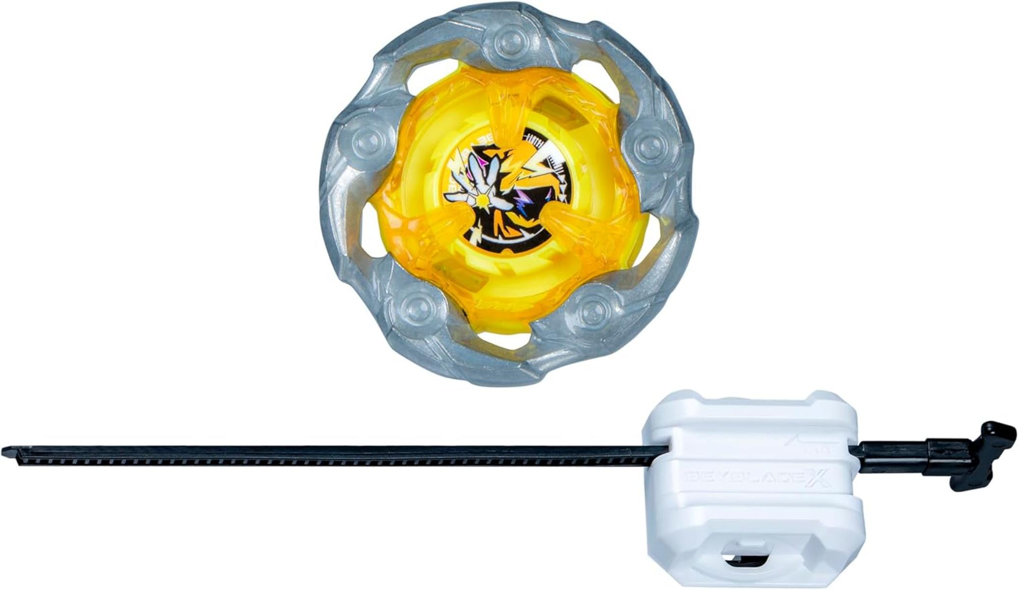 Un Beyblade giallo con bordo argentato e un lanciatore bianco.