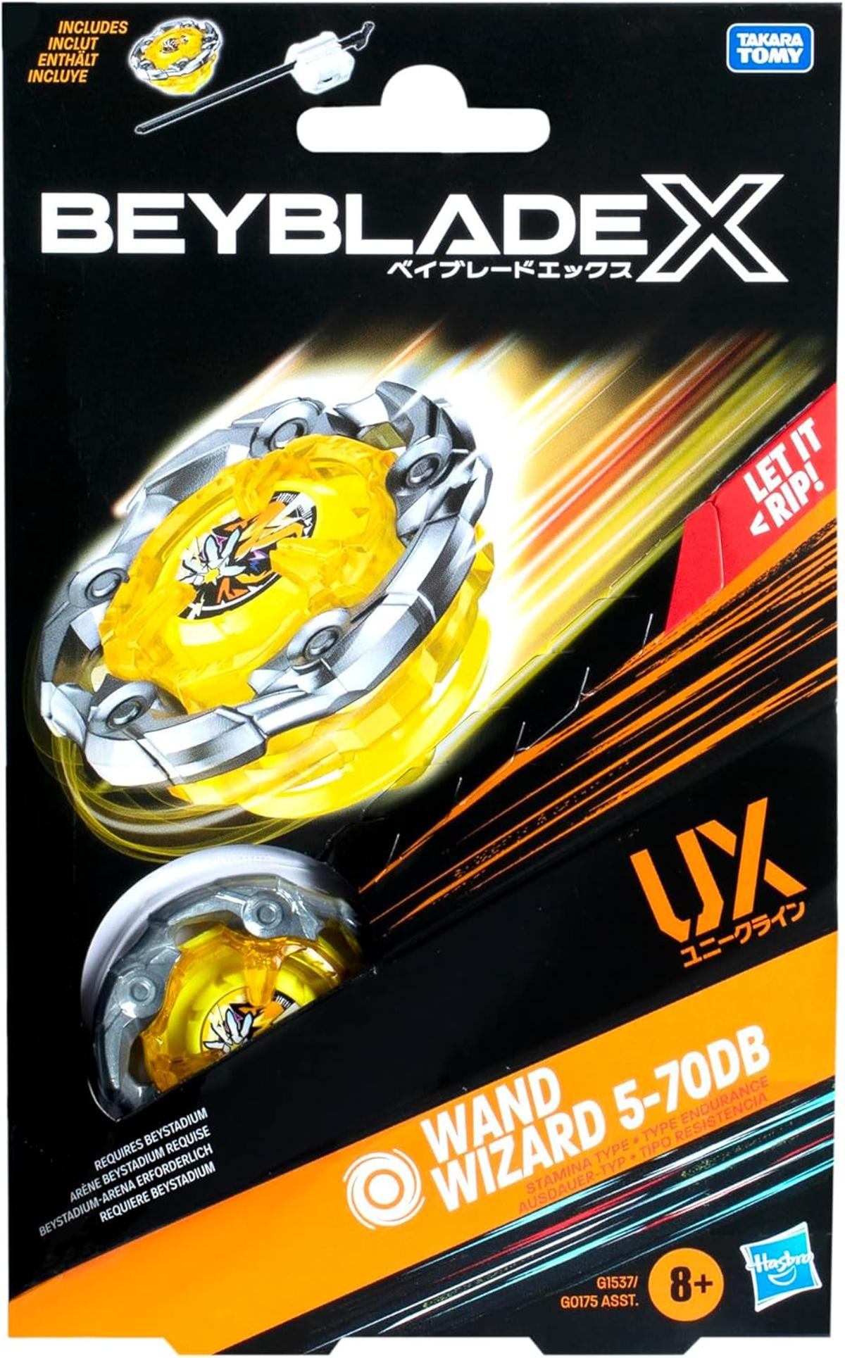 Confezione Beyblade con trottola gialla e accessori. La parte superiore mostra 'Beyblade X'.