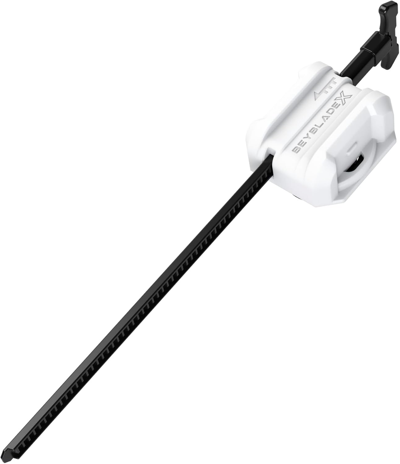Un lanciatore Beyblade X bianco con manico nero e corda lunga.