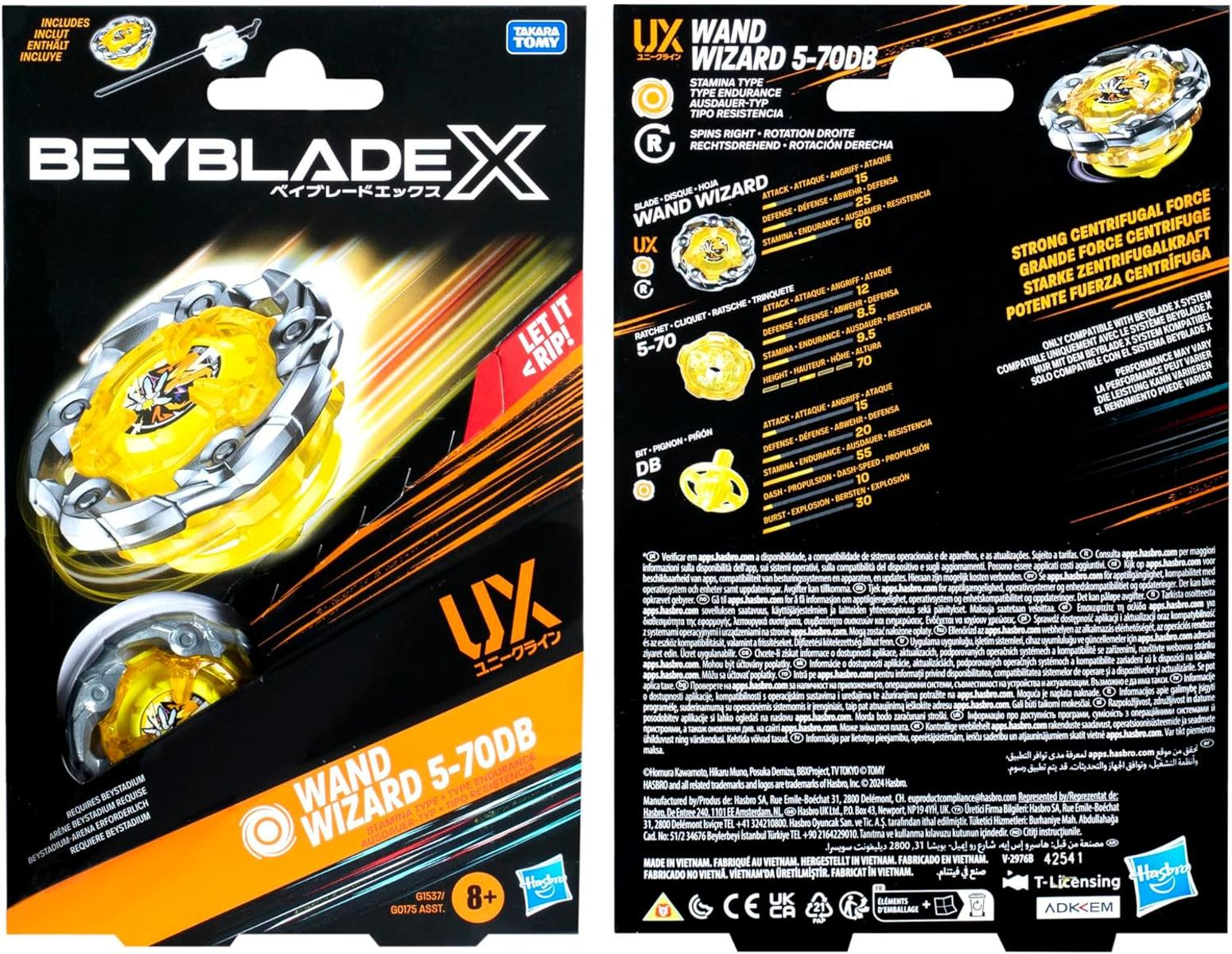 Confezione Beyblade X Wand Wizard 5-70DB con trottole gialla e accessori.