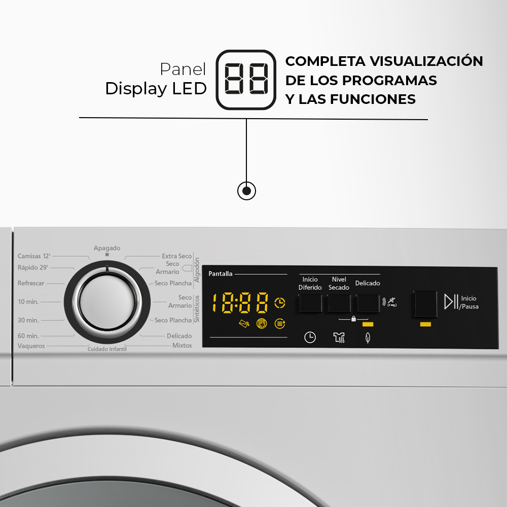 Panel de control de secadora con selección de programas, pantalla LED y botón inicio/pausa.