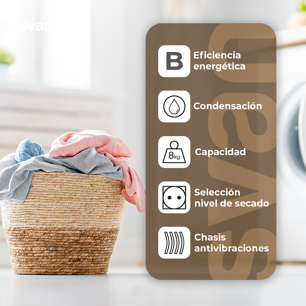 Cesta de ropa junto a lavadora con características listadas.