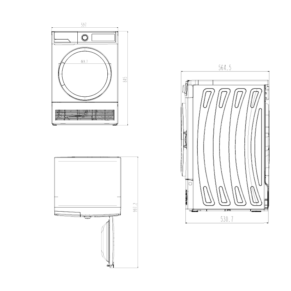 Dibujo técnico de una secadora con dimensiones.