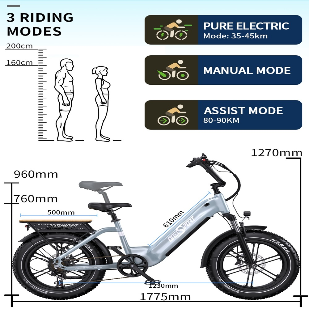 Bicicleta eléctrica azul claro con dimensiones, 3 modos de conducción y comparación de altura.