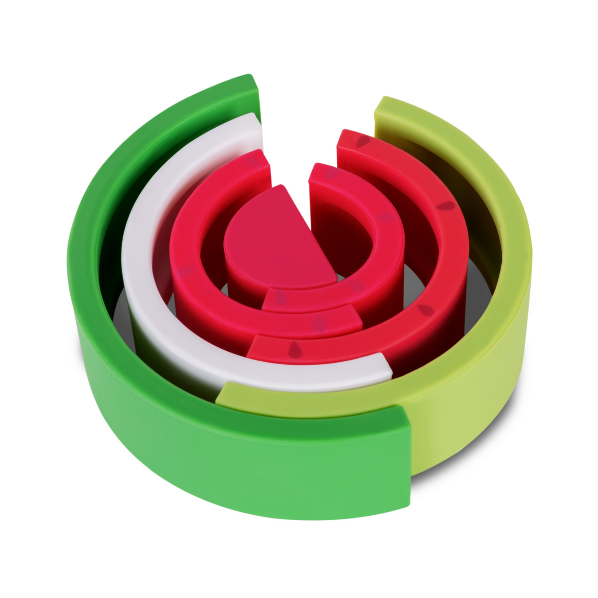Un juguete circular con forma de sandía con capas verdes, blancas y rojas.