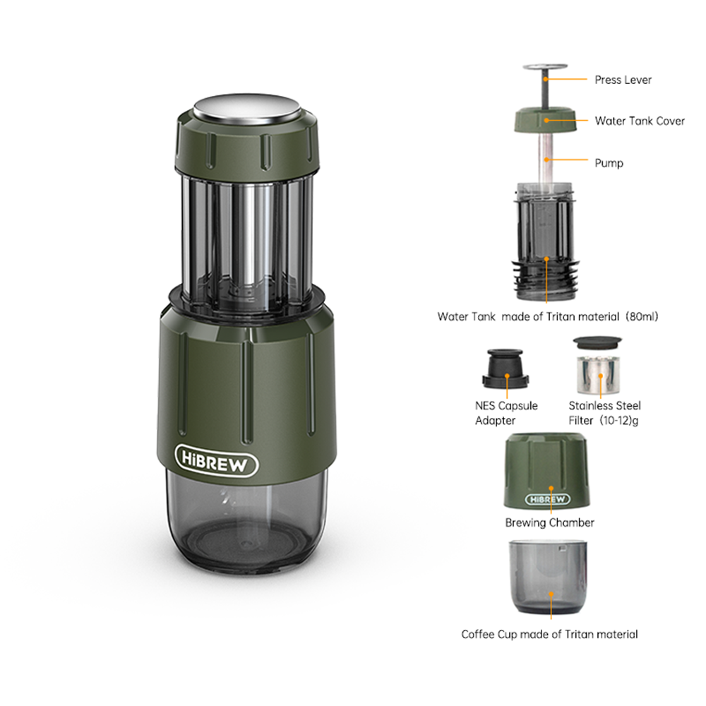Cafetera con partes: bomba, depósito, filtro, cámara, taza.