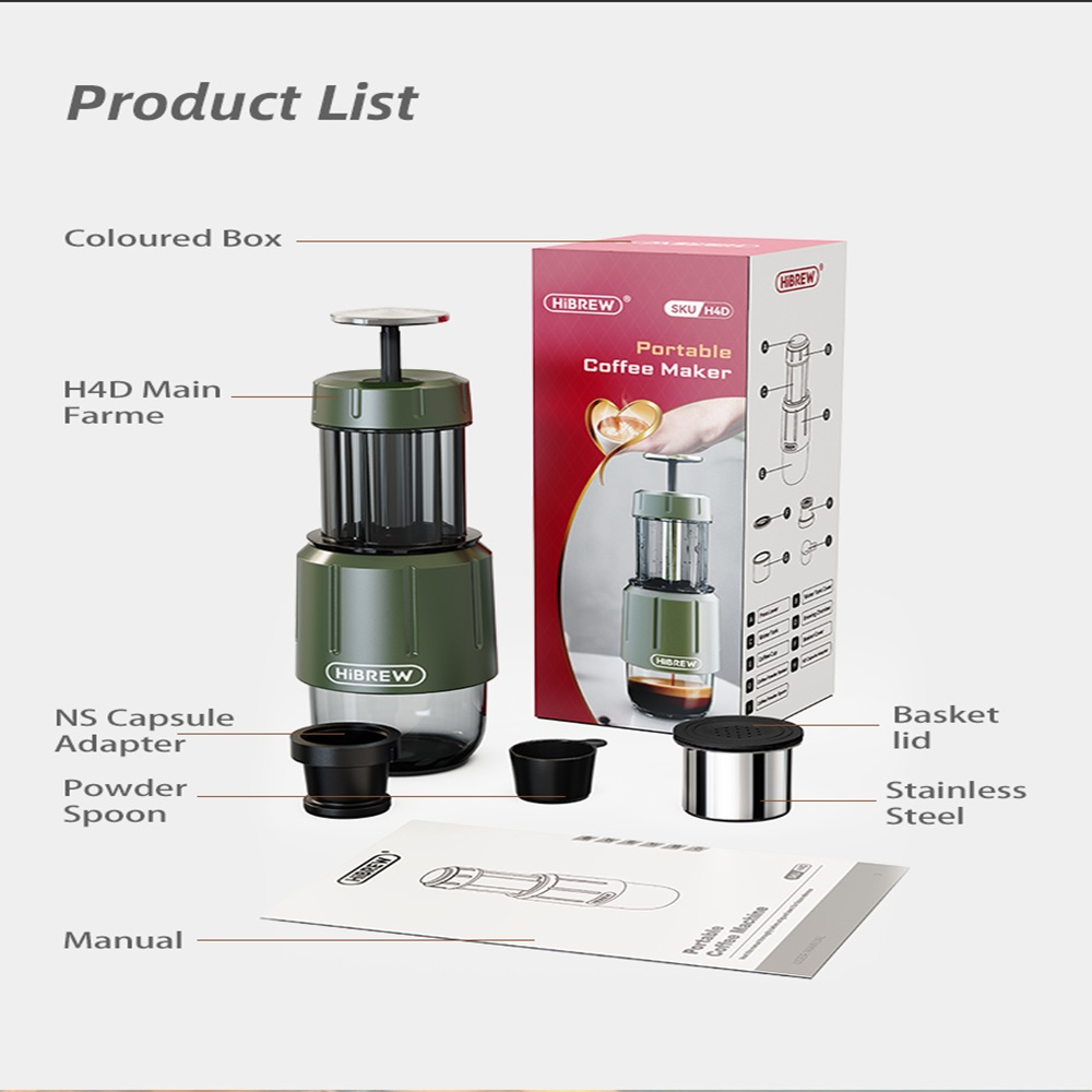 Una cafetera verde con accesorios y embalaje del producto.