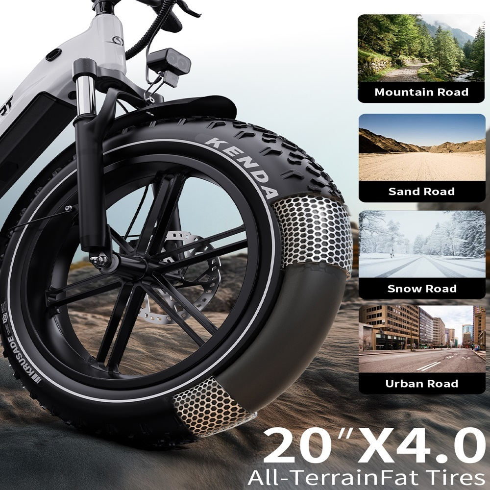 Primer plano del neumático ancho de una e-bike, mostrando su capacidad todoterreno.