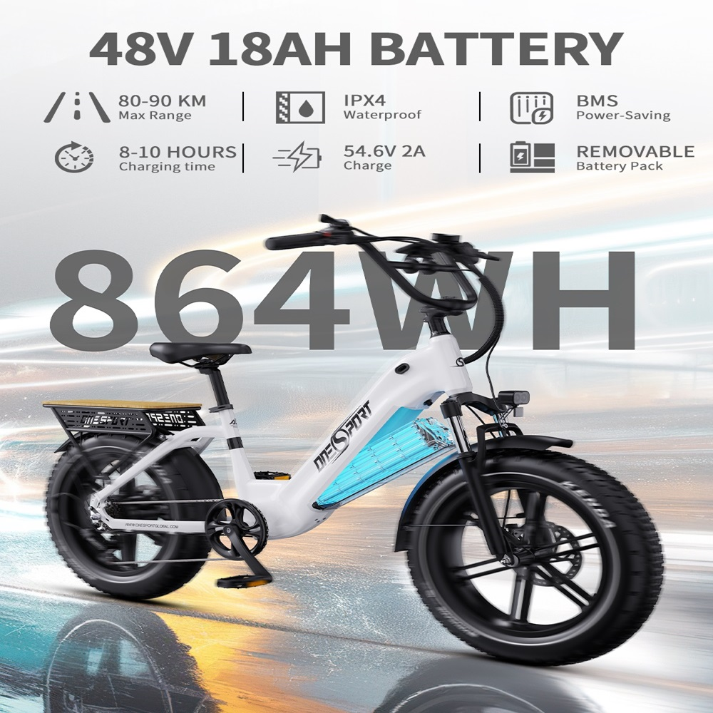 Una e-bike blanca con llantas anchas y batería visible, 864WH.