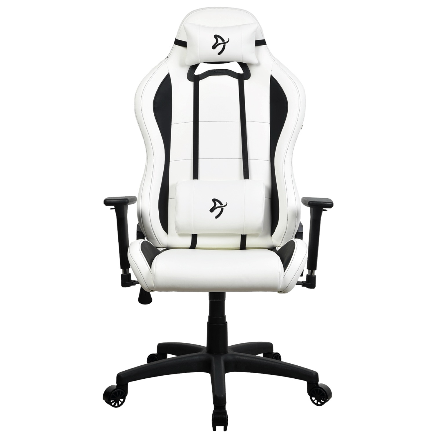 Witte gamestoel met zwarte accenten en logo.
