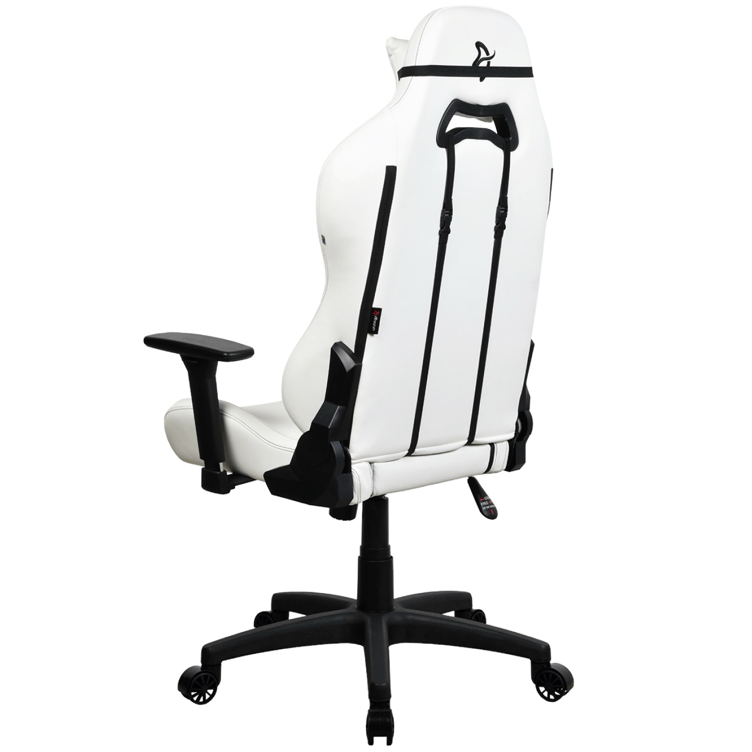 Een witte gamestoel met zwarte accenten op een witte achtergrond.