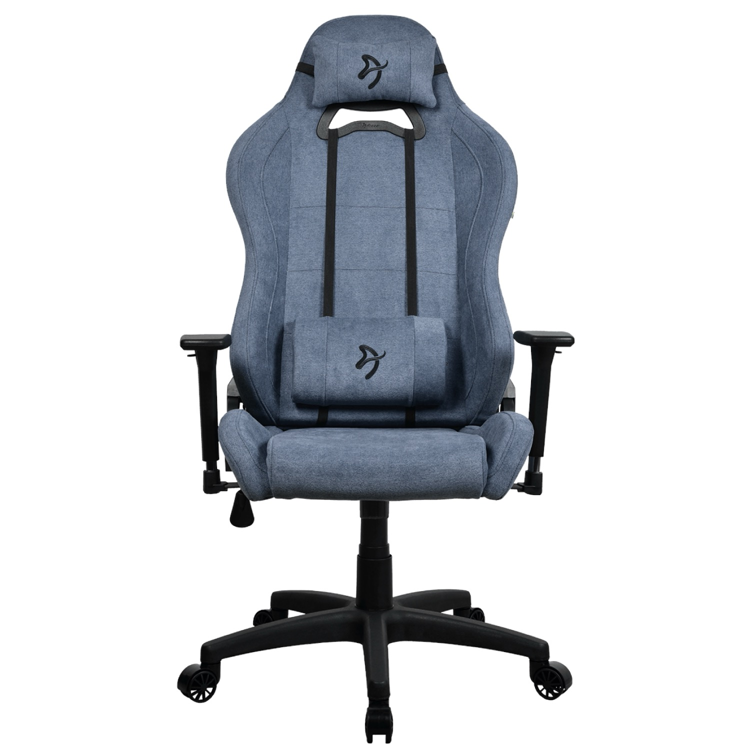 Ein blauer Gaming-Stuhl mit schwarzem Fußkreuz und Rollen.
