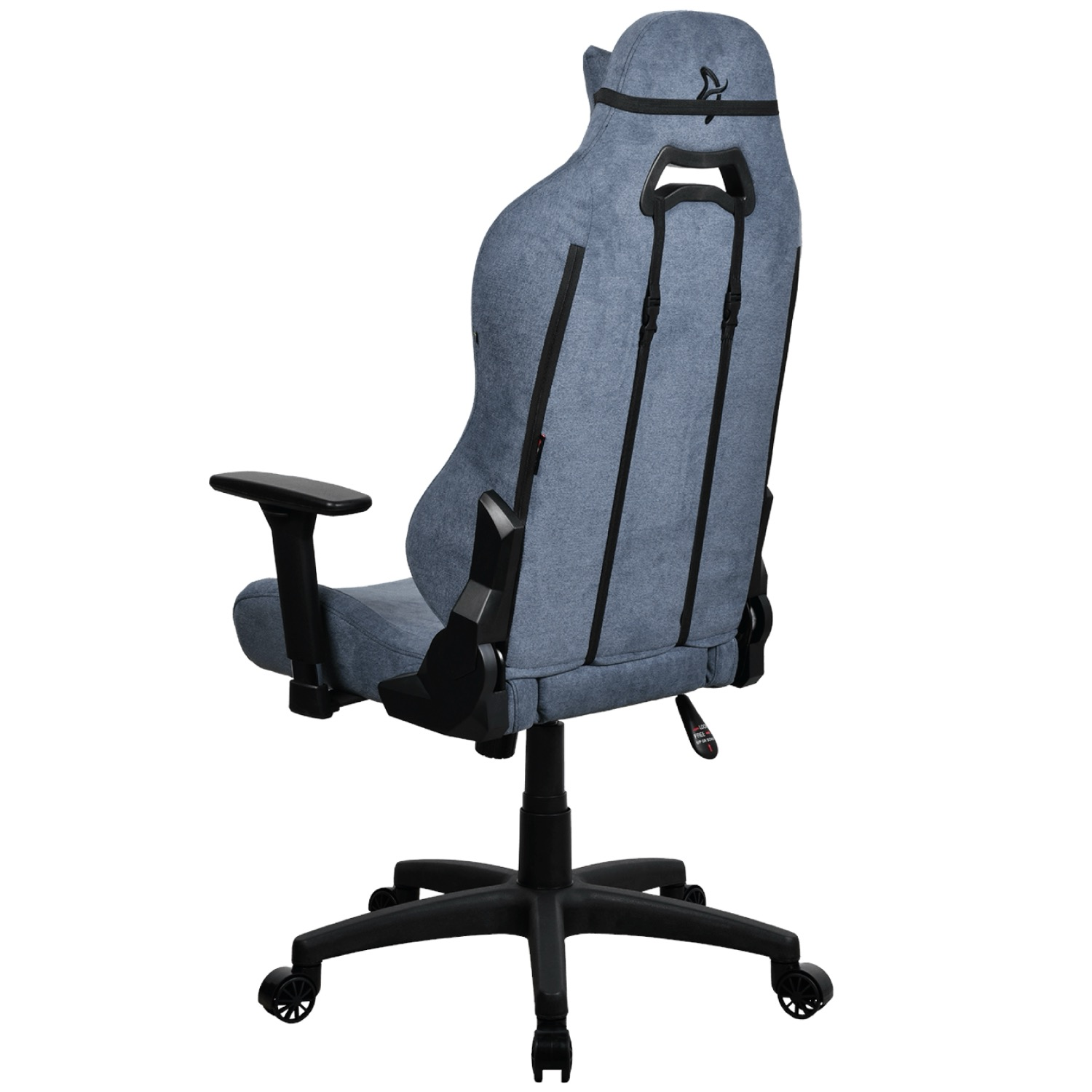 Ein grauer Gaming-Stuhl mit schwarzem Gestell und Rollen, von hinten gesehen.